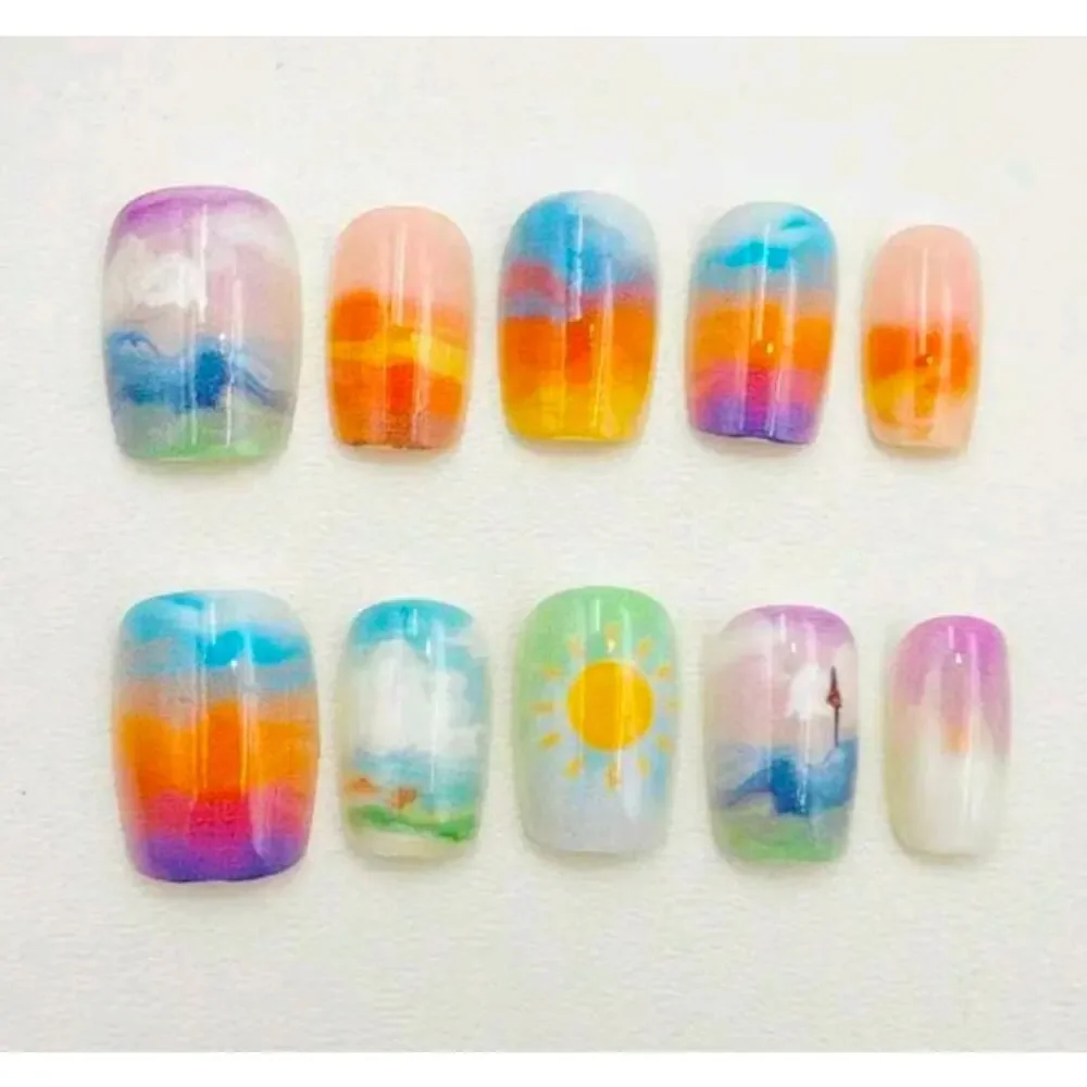 10 Handmade Colorful Sky Landscape Sunset Short Square Press-on Nails Size M New